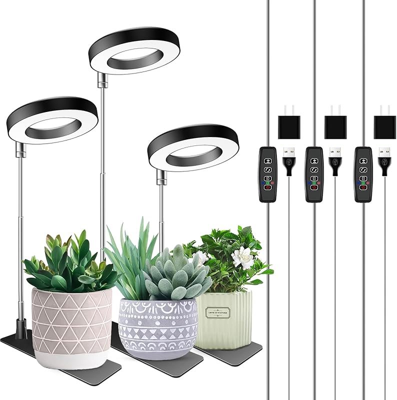 3-Pack Full Spectrum Halo Grow Lights with Adjustable Base for Plants 