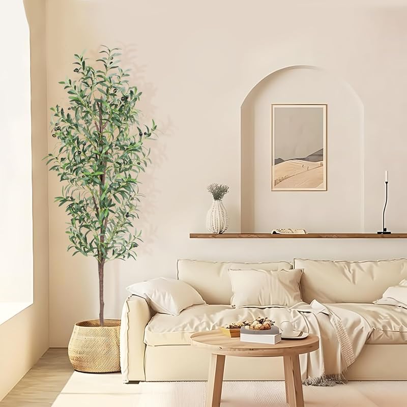 Realistic Six Foot Artificial Olive Tree with Natural Trunk and Potted