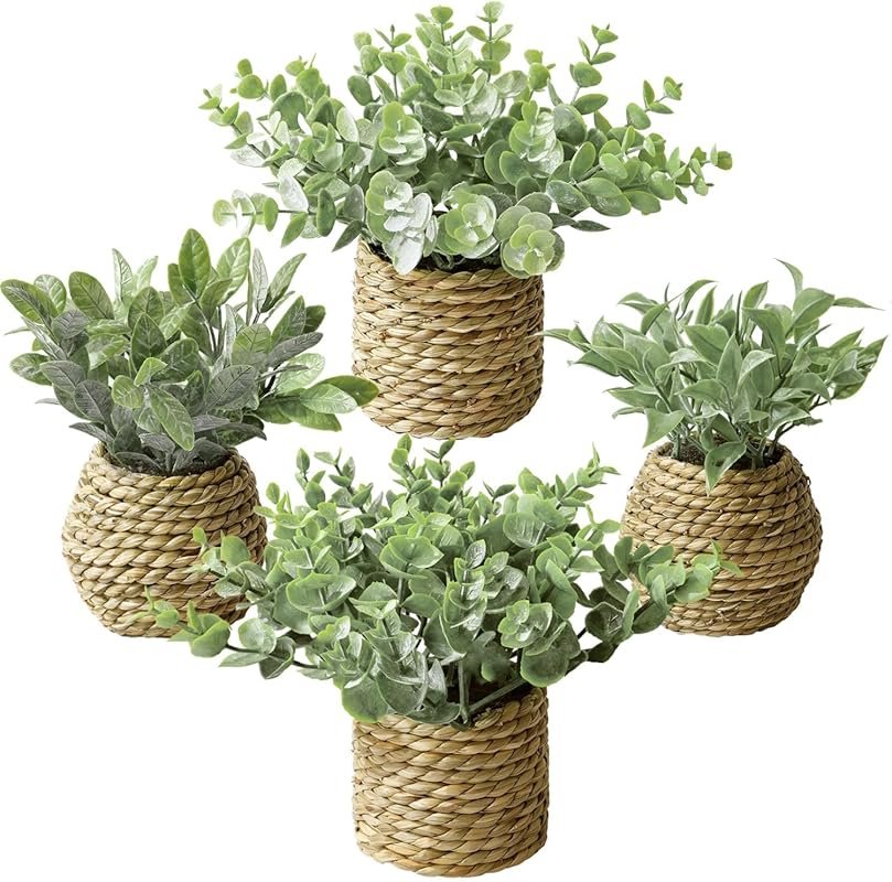 Small 7-Inch Artificial Eucalyptus Plant in Seagrass Planter for Offic