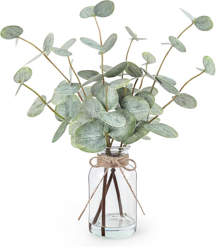 Artificial Eucalyptus Stems in a Glass Vase with Faux Water for Elegan