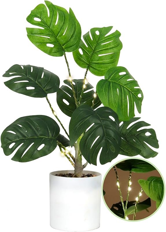 18-Inch Artificial Monstera Plant with Light in White Pot for Tropical