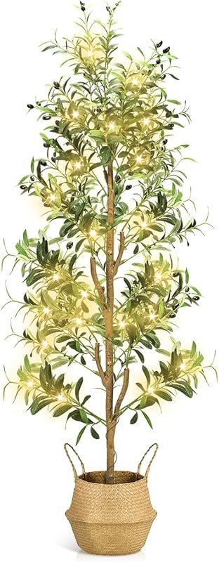 6-Foot Artificial Olive Tree with Basket and Lights for Realistic Low 