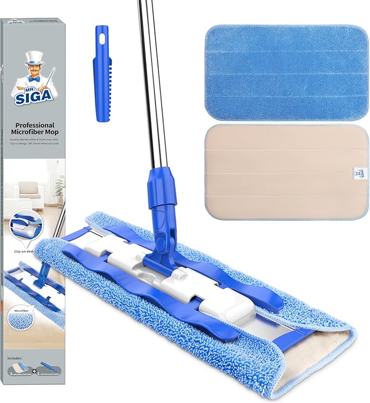 MR.SIGA Microfiber Mop with Telescopic Handle for Hardwood, Laminate, 
