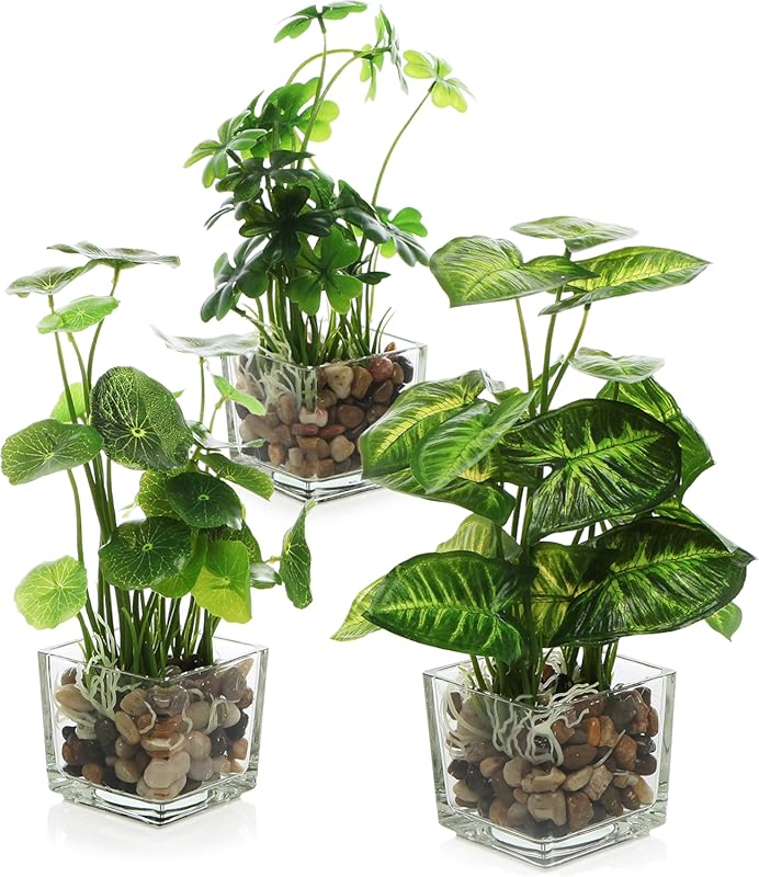 Set of 3 Small Artificial Potted Plants in Clear Glass Pots for Home