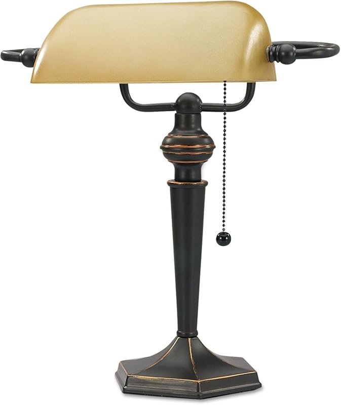 Alera Traditional Banker's Lamp with 16-Inch Amber Shade and Antique B