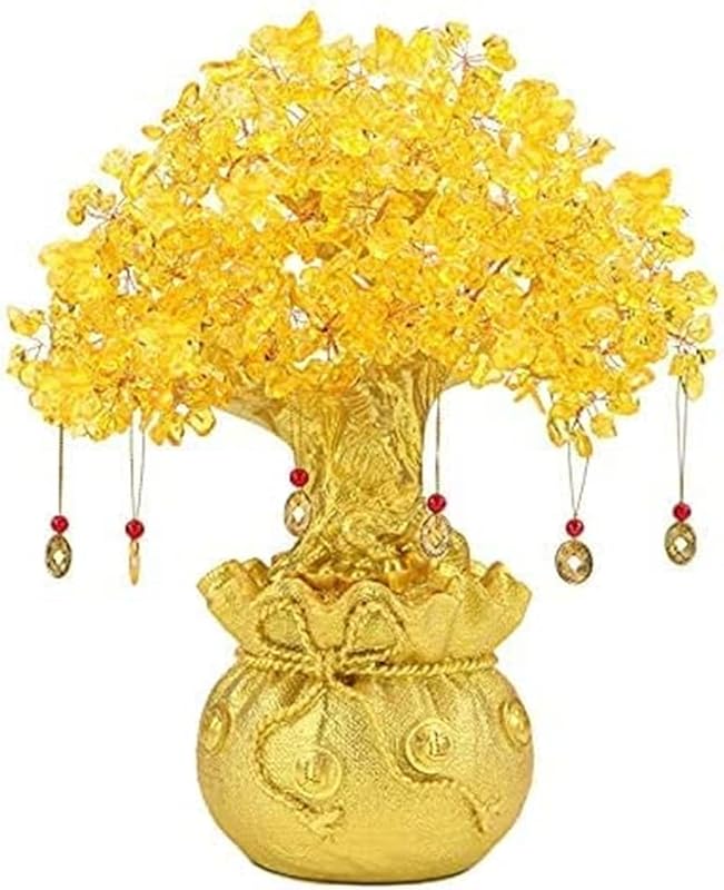 Feng Shui Citrine/Yellow Crytal Money Tree with Chinese Dragon Pots