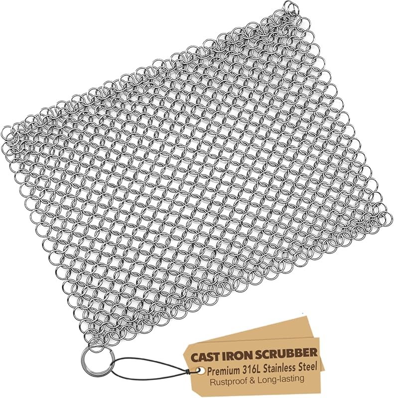 316 Stainless Steel Chainmail Cast Iron Scrubber with Scraper for Pans