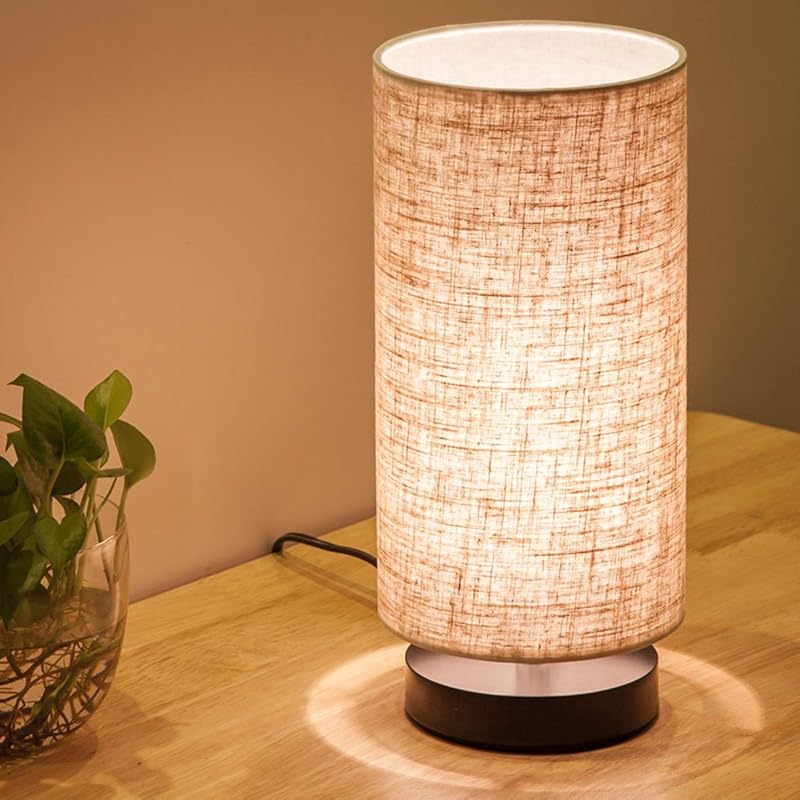 Simple Wooden Table Lamp with Fabric Shade for Bedroom, Living Room, a