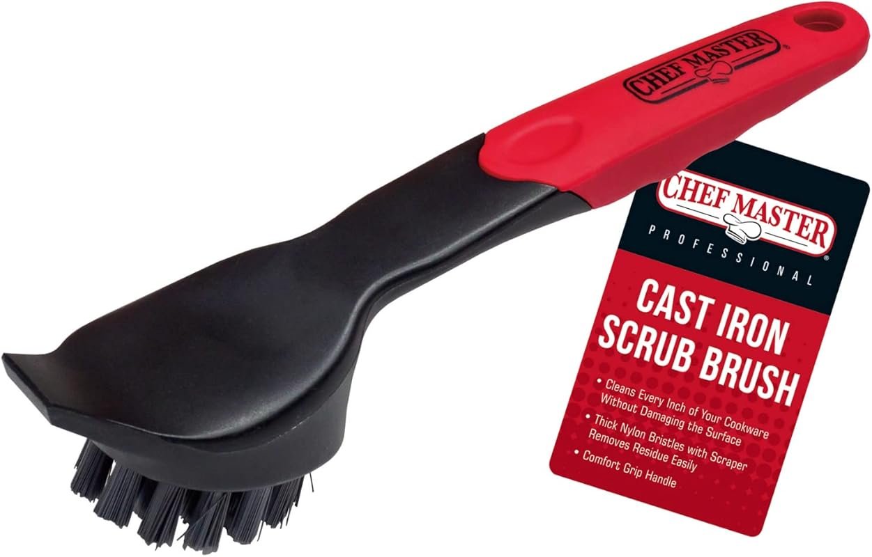 Chef Master Cast Iron Scrub Brush with Scraper, Nylon Bristles for Ski