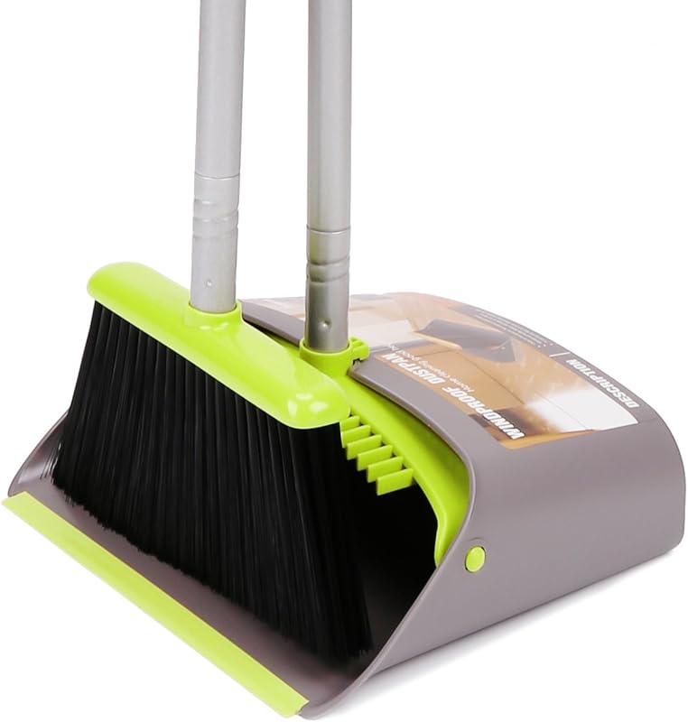 TreeLen broom and dustpan set with long handle for upright sweeping pe