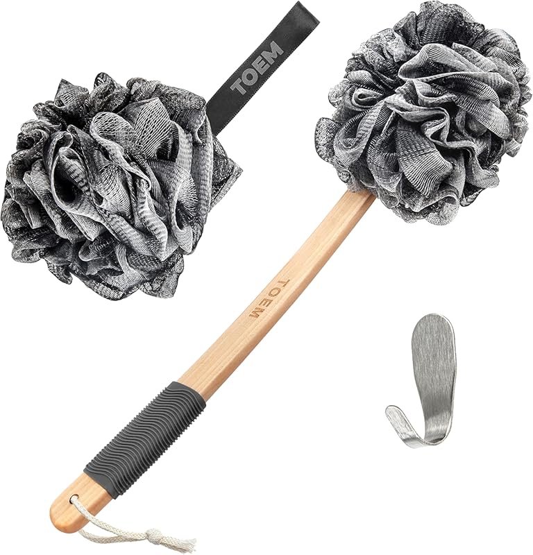 Toem Loofah Back Scrubber Body Brush with Long Handle, Charcoal Fiber,