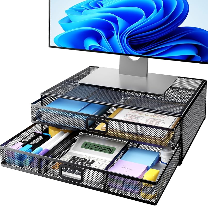 HUANUO two-tier metal monitor stand riser with storage drawer, desk or