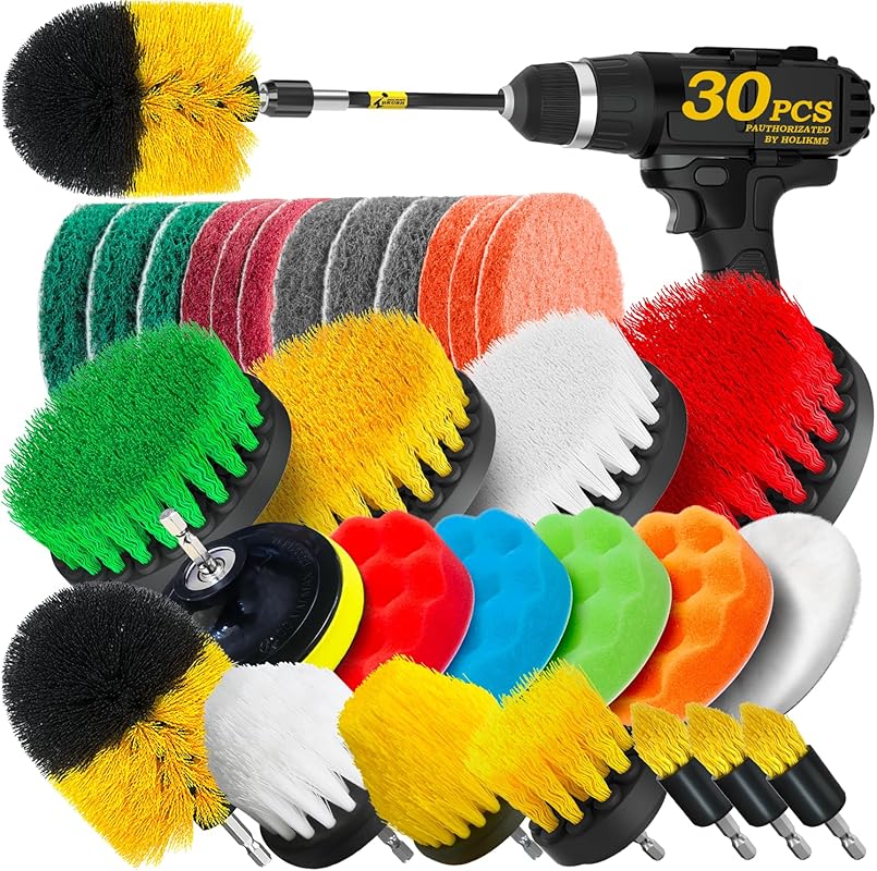 Holikme 30-Piece Drill Scrub Brush Set with Pads and Sponges for Grout