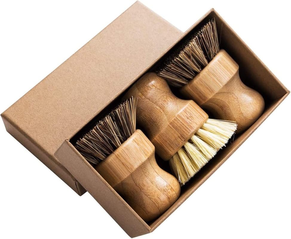 Bamboo Palm Pot Scrub Brush Set, Round Mini Brushes for Cast Iron Pans