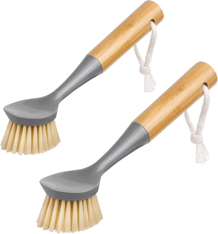 MR.SIGA Bamboo Handle Dish Scrub Brush Set with Built-In Scraper, Pack