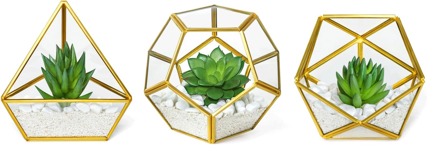 Mkono Artificial Succulent in 3 Pack Mini Glass Geometric Terrarium, M