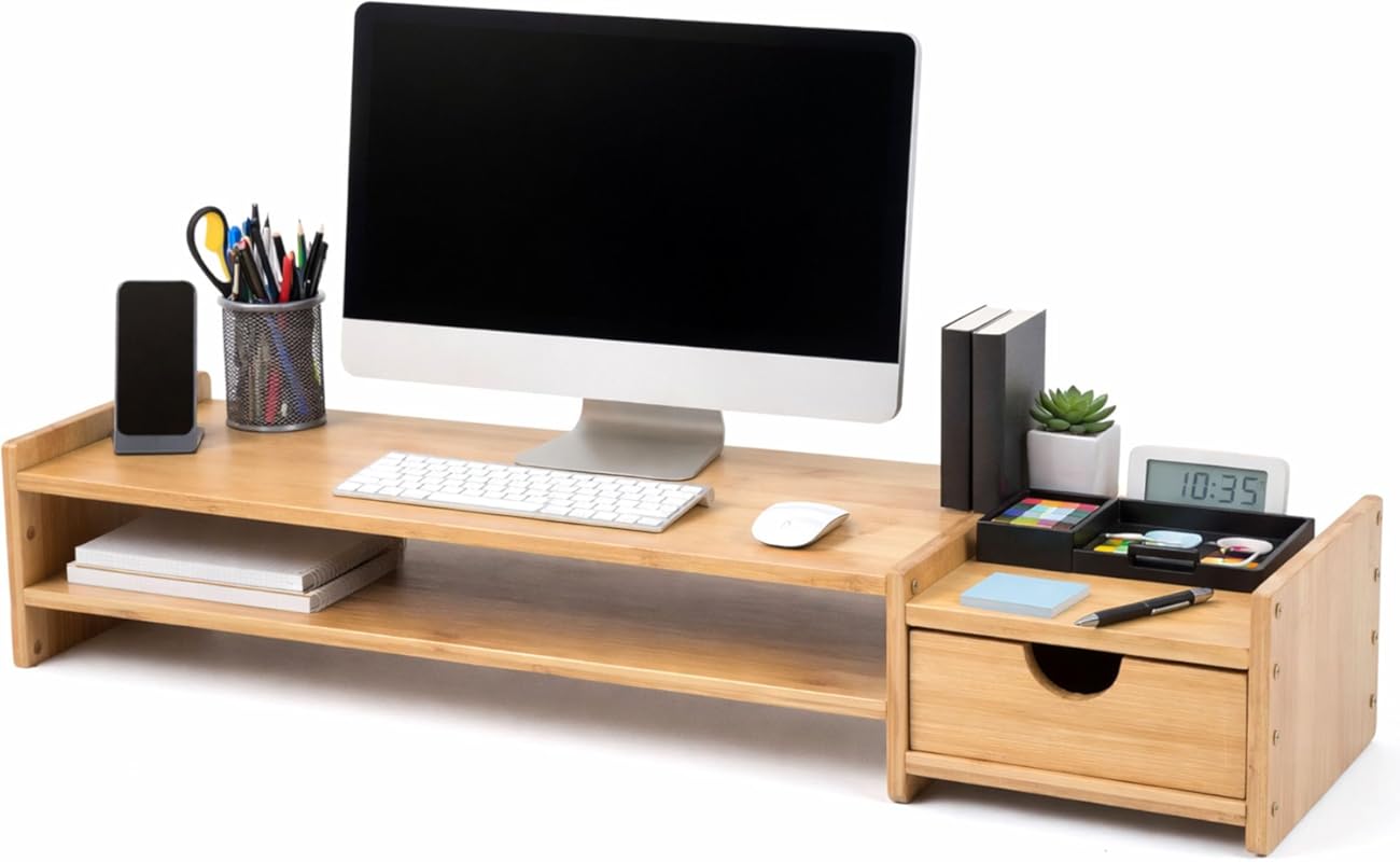 Bamboo two tier monitor stand riser with drawers desktop organizer for