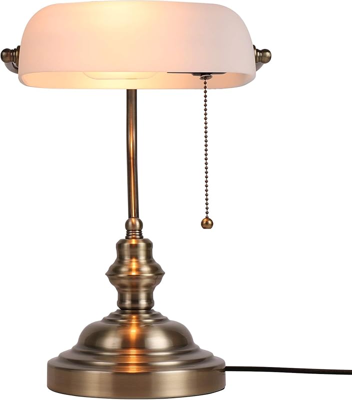 Newrays Glass Bankers Desk Lamp with Pull Chain Switch and Satin Brass