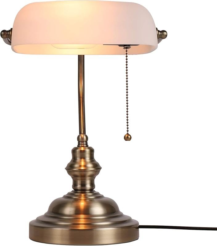 Newrays Glass Bankers Desk Lamp with Pull Chain Switch and Satin Brass