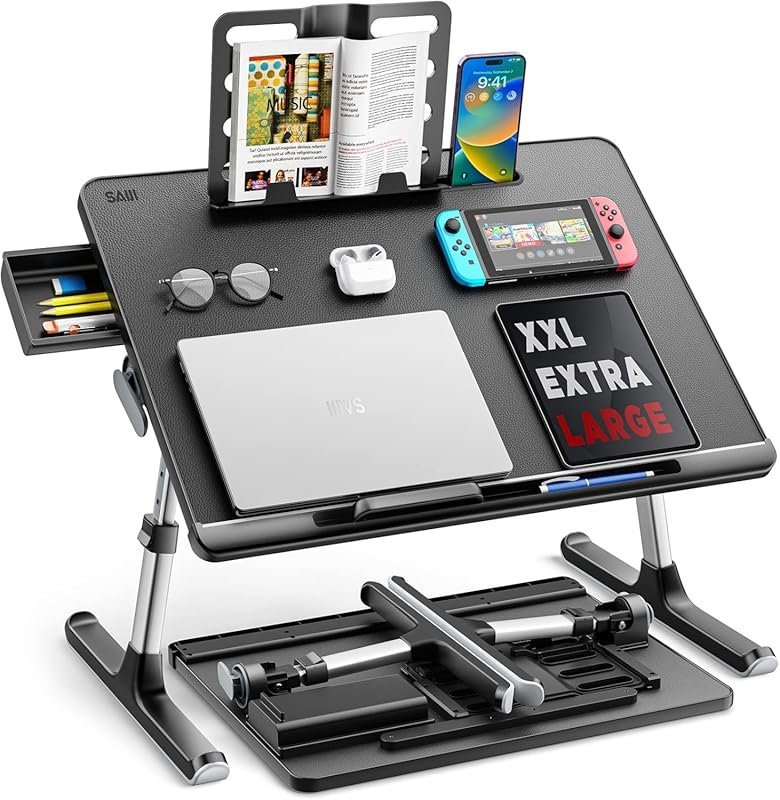 SAIJI X-Large Adjustable Laptop Bed Tray Desk with Storage Drawer for