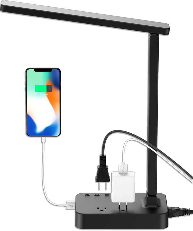 Drevet LED Desk Lamp with USB Charging Port and 2 AC Outlets for Colle