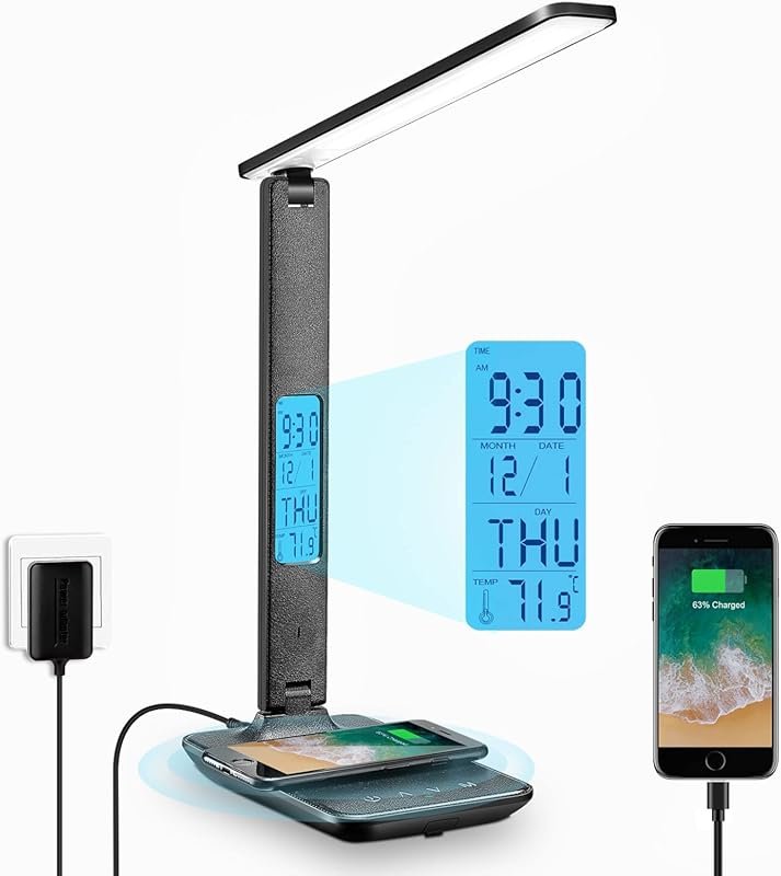 LAOPAO Desk Lamp with Wireless Charger, USB Port, and Clock for Home O