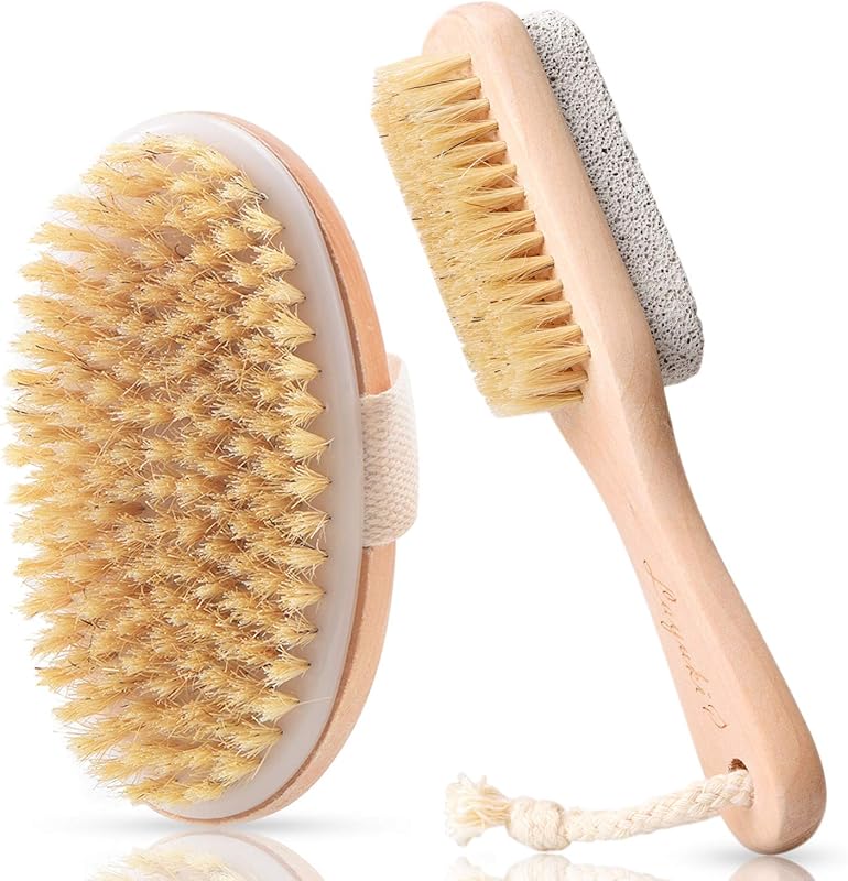 Wet or Dry Body Brush and Foot Scrub Brush Set with Pumice Stone File