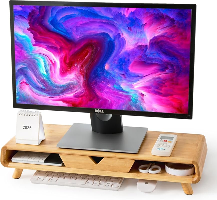 Homerays bamboo monitor stand riser no assembly required with drawer e