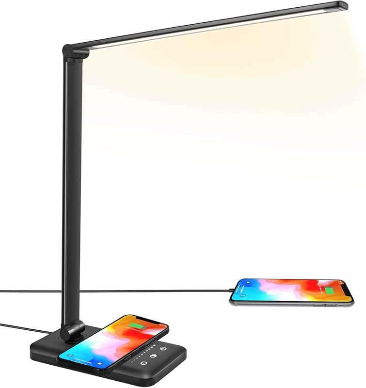 LED Desk Lamp with Wireless Charger, USB Port, Dimmable Light, and Tou