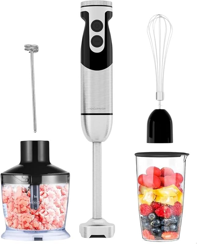 The MegaWise Pro immersion blender features a titanium-reinforced desi
