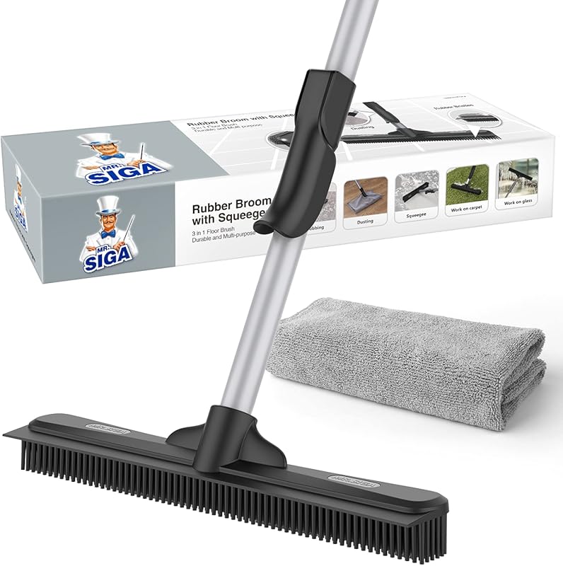 MR.SIGA rubber pet hair removal broom with built-in squeegee and adjus