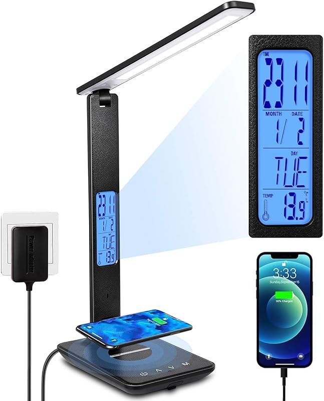 LED Desk Lamp with Wireless Charger, USB Port, and Built-in Clock for