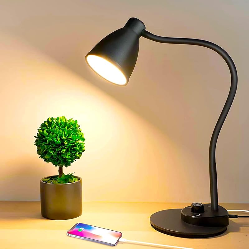 BOHON Dimmable LED Desk Lamp with USB Charging and Flexible Neck for R