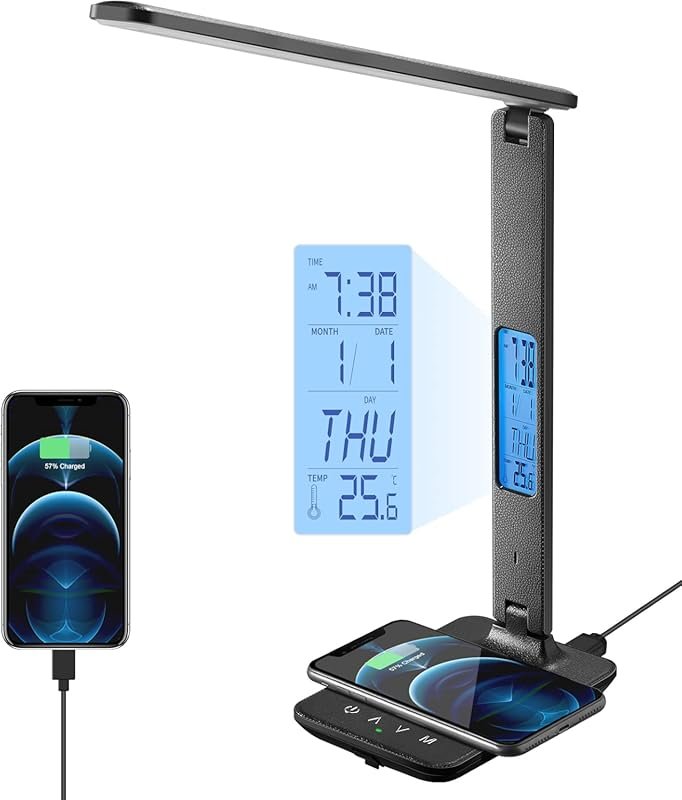 Poukaran LED Desk Lamp with Wireless Charger, USB Port, and Clock for