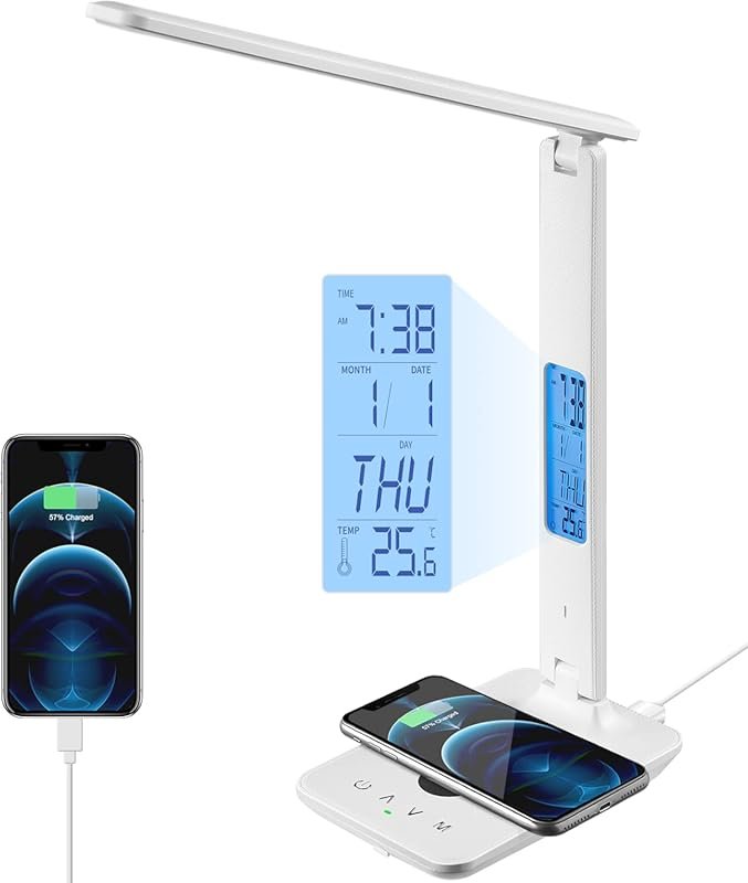 Poukaran LED Desk Lamp with Wireless Charger and USB Port, Includes Cl