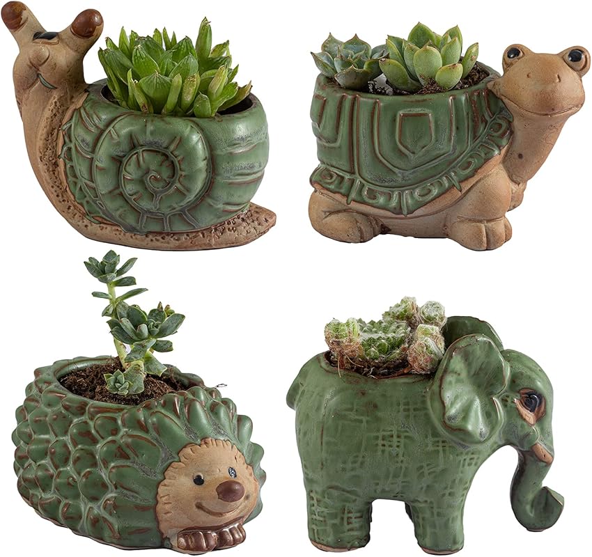 Small Succulent Pots with Drainage - Ceramic Animal Planters for Home 