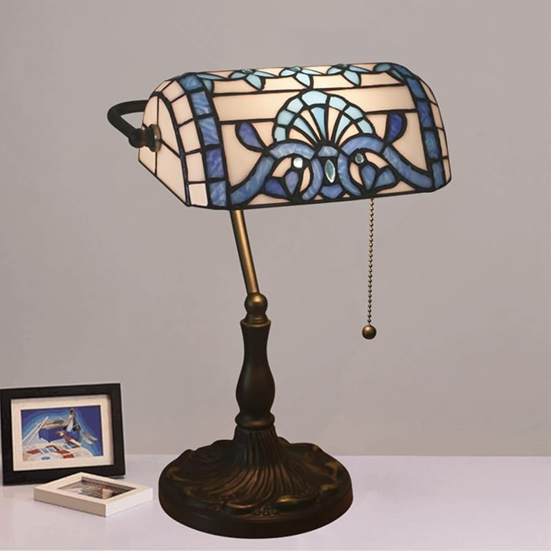 Tiffany Style Bankers Table Lamp with Stained Glass Shade and Antique