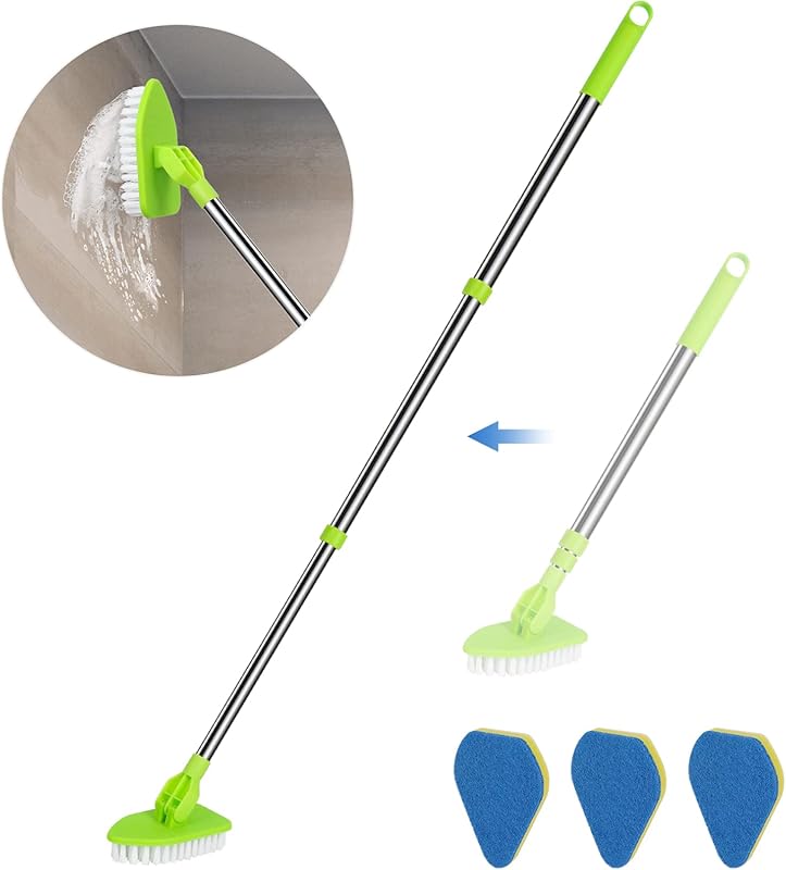 Extendable 2-in-1 Scrub Brush with 37-Inch Handle, Bristle Head and 3 