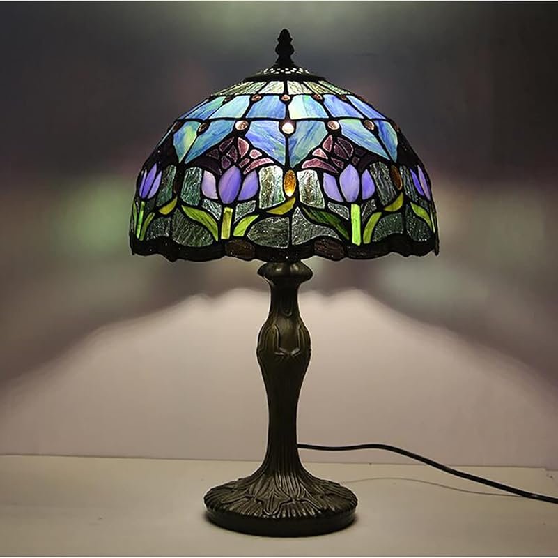 Tiffany Style Table Lamp Stained Glass Lamp Shade Purple Tulip Flower