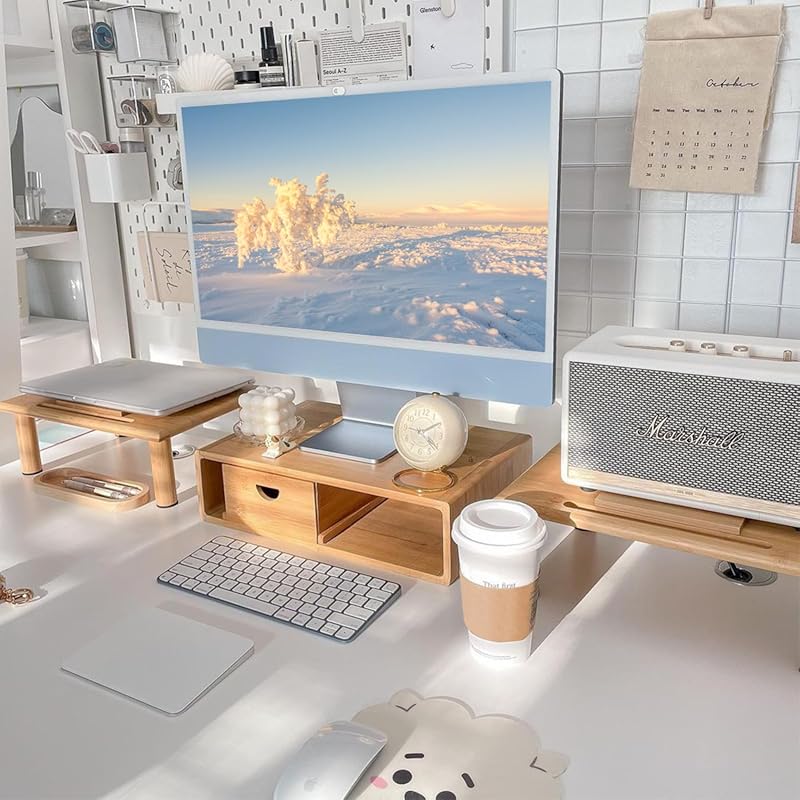 Dual bamboo monitor stand riser with drawer adjustable length and angl