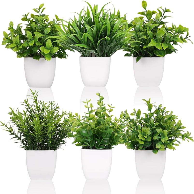 6 Pot Small Fake Plant Flowerpot Artificial Plastic Eucalyptus Plant W