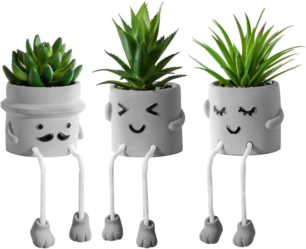 Zerzsy 3pcs Creative Artificial Succulents with Gray Flower Pots, Mini