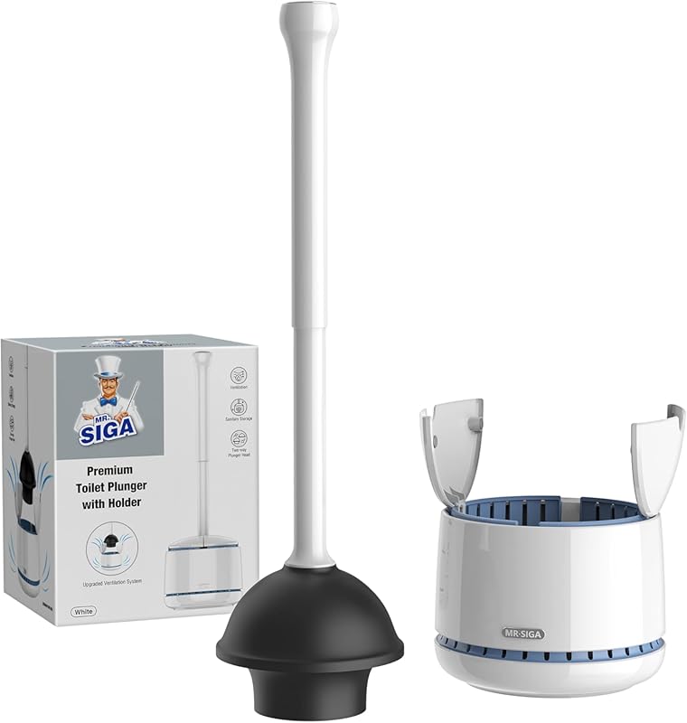 MR.SIGA heavy-duty toilet plunger with matching holder combo for conve