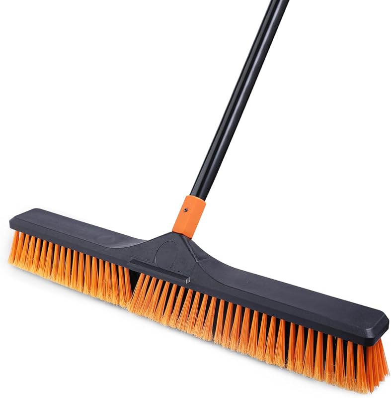 24" Heavy Duty Push Broom with 65" Long Handle and Stiff Bristles for
