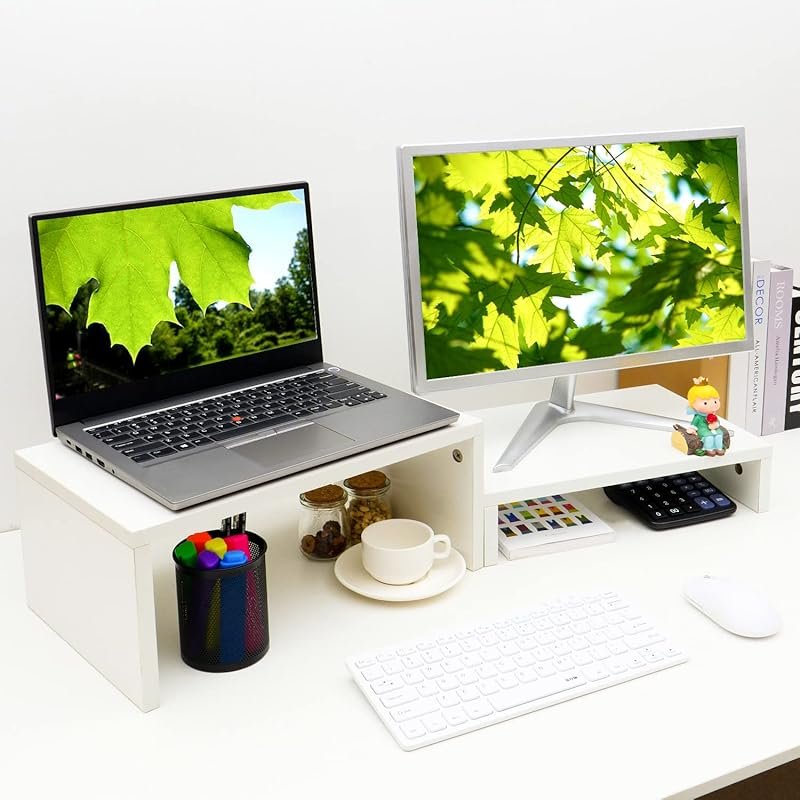 TEAMIX adjustable white two tier wood monitor stand riser two pack for