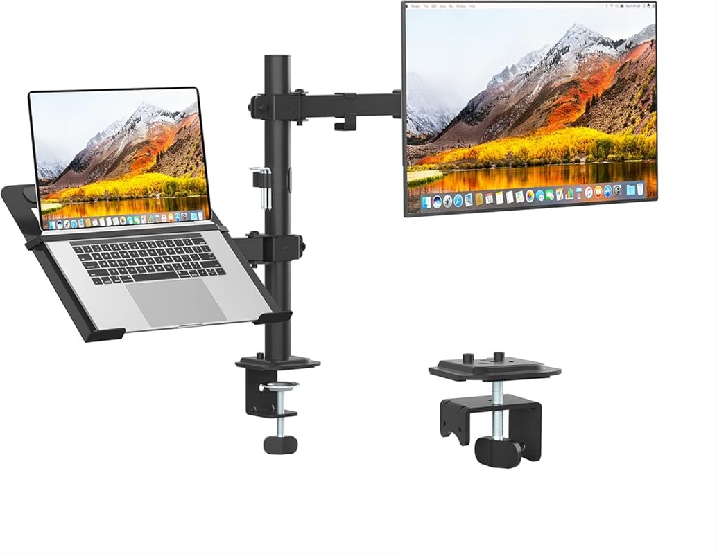 Adjustable monitor arm with vented laptop tray fits 13 to 27 inch scre