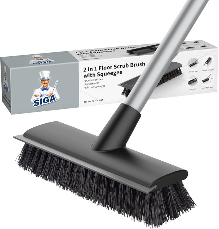 MR.SIGA Floor Scrub Brush with Long Handle, 2 in 1 Scrubber and Squeeg