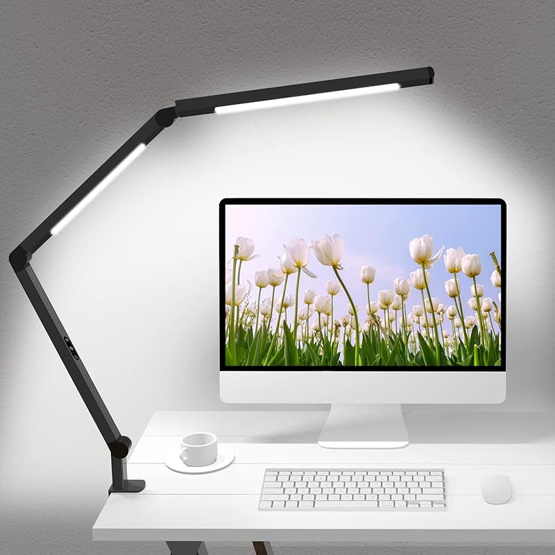 Adjustable LED Desk Lamp with Clamp, Dual Light, and 5 Brightness Leve