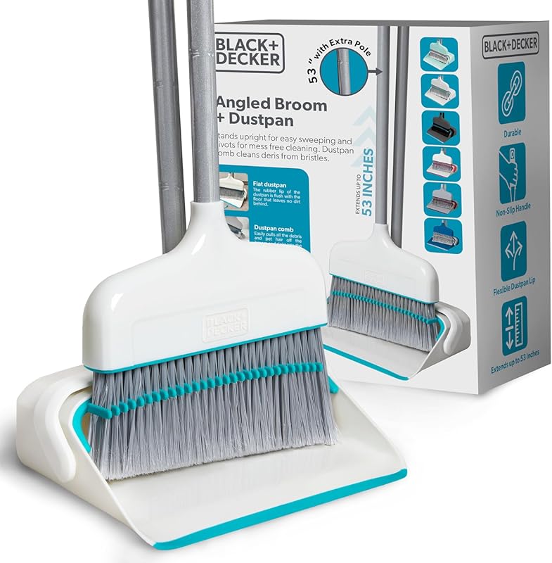 BLACK+DECKER broom and dustpan set with short handle, lightweight stan