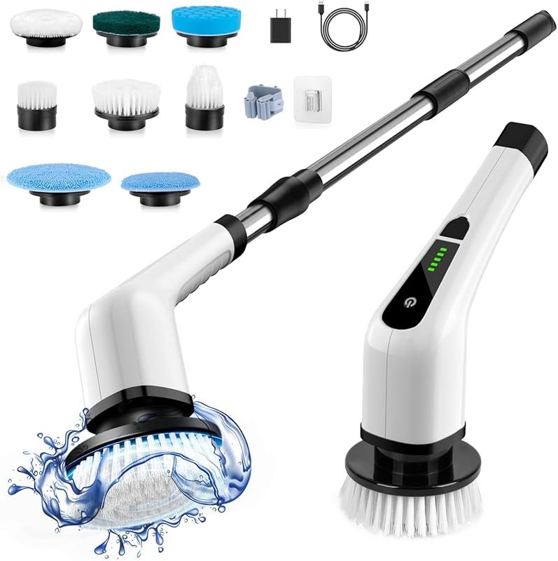 Cordless Electric Spin Shower Scrub Brush with 8 Heads, 2 Speeds, 90-M